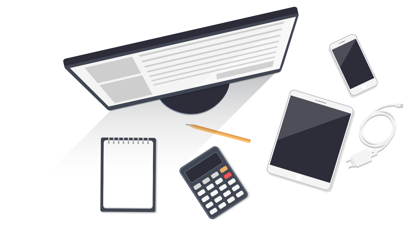 Desktop computer, ipad, smartphone, notepad & calculator