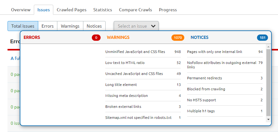 SEMRush Site Audit