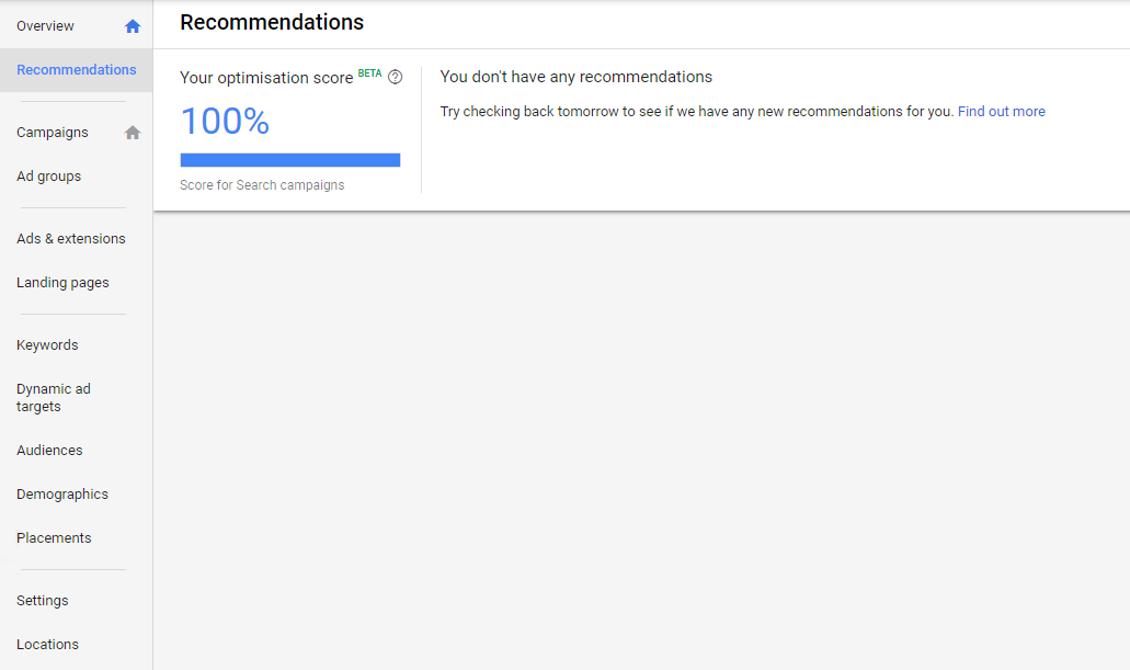 Google Ads Recommendations Tab