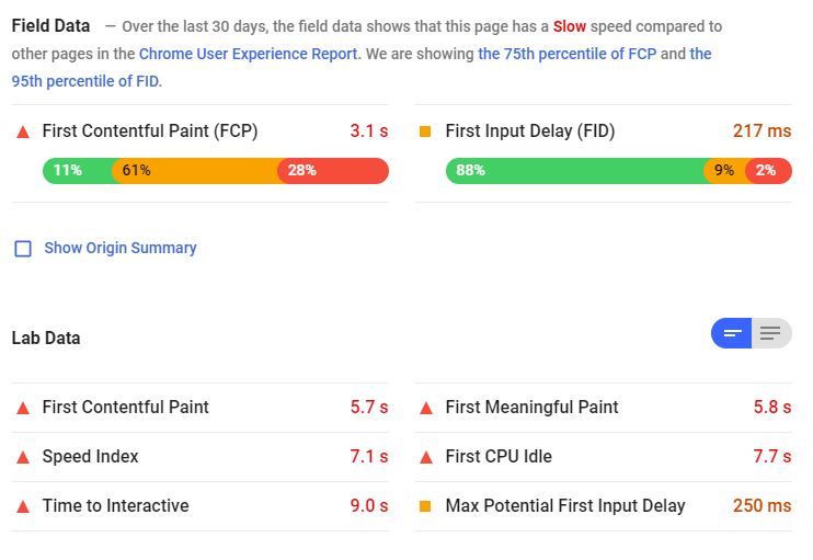 example pagespeed results