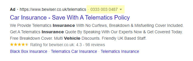 Example of a Google Ads search call extension on desktop