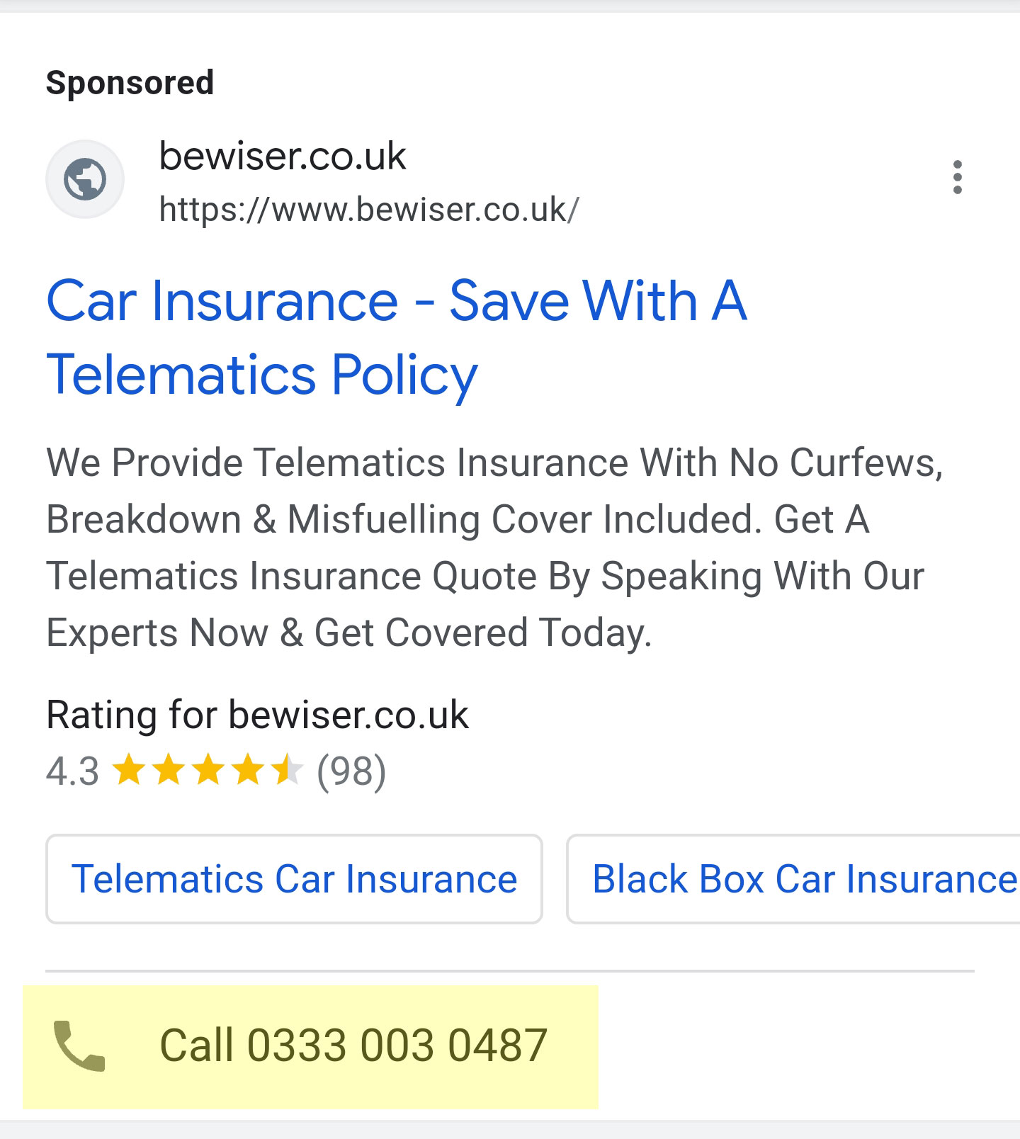 Example of a Google Ads search call extension on mobile