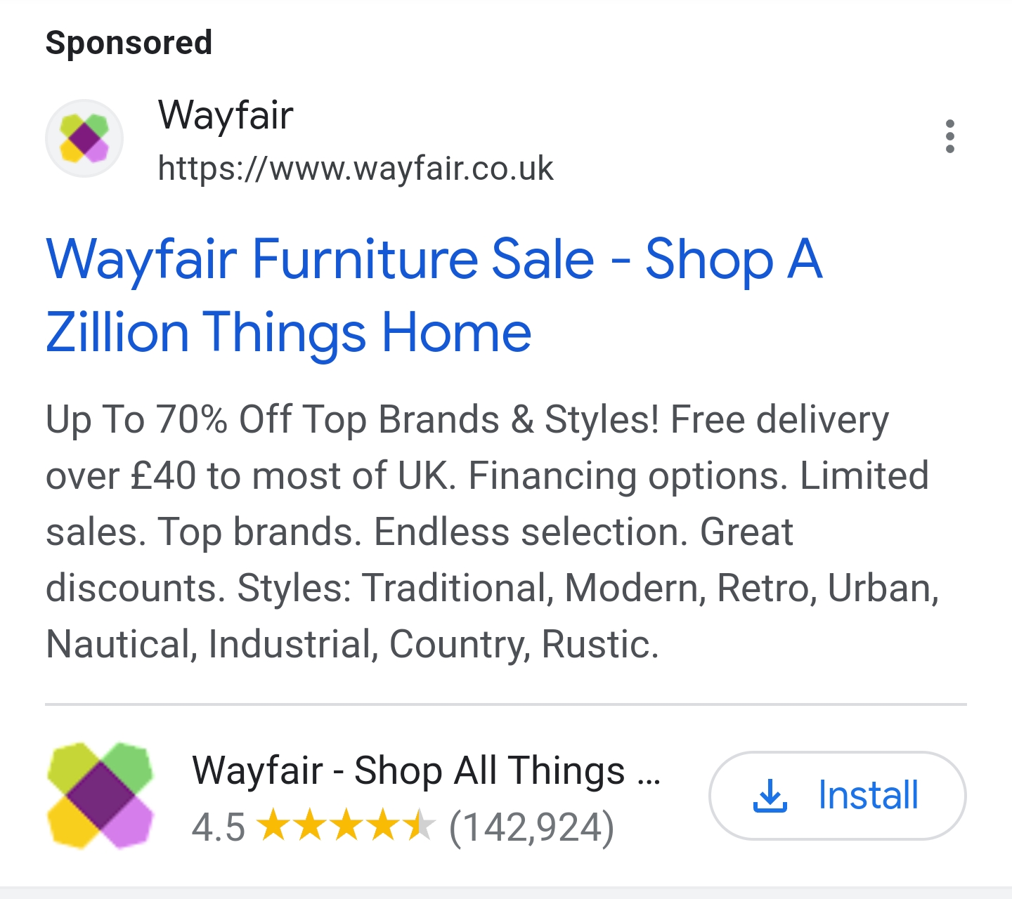 Example of a Google Search ad with an app extension