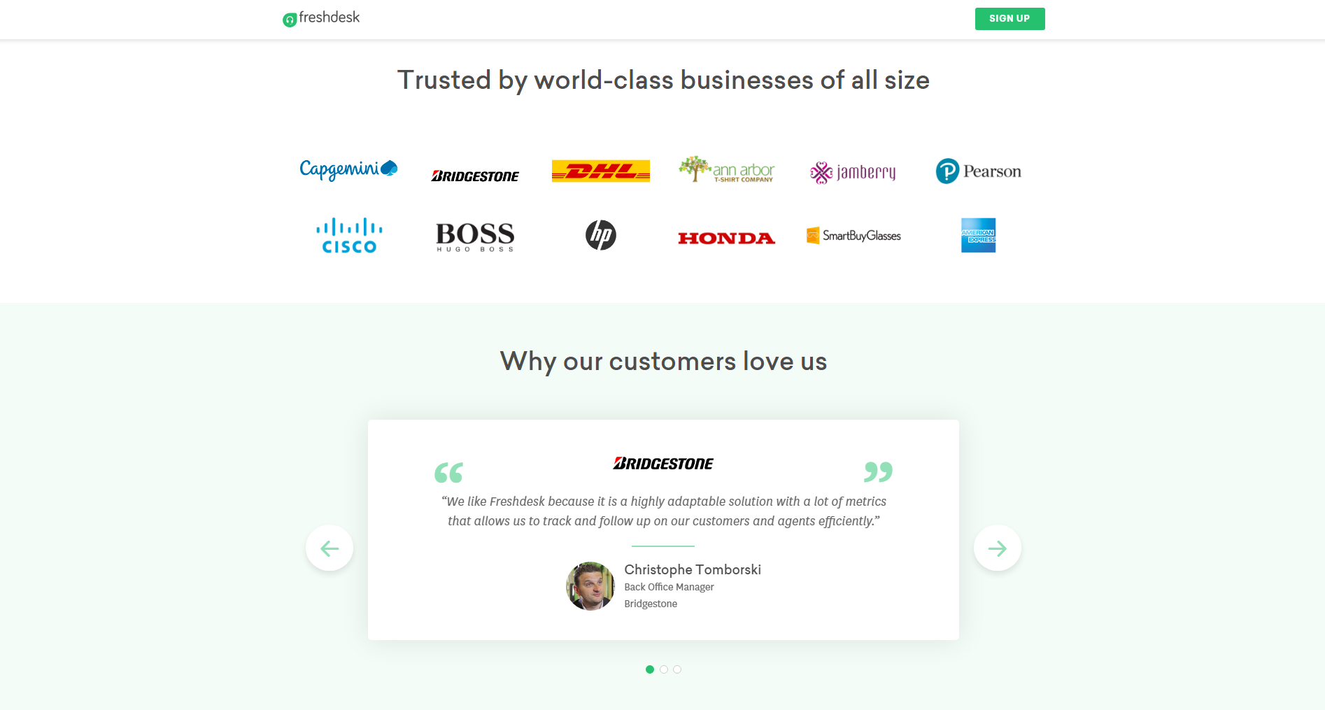 Freshdesk testimonials on landing page