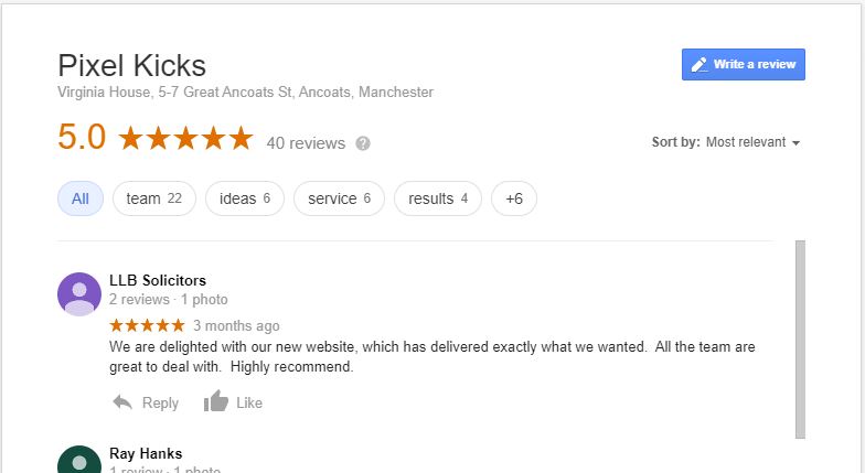 Example of Google reviews on My Business