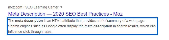 Example of a meta description appearing on Google