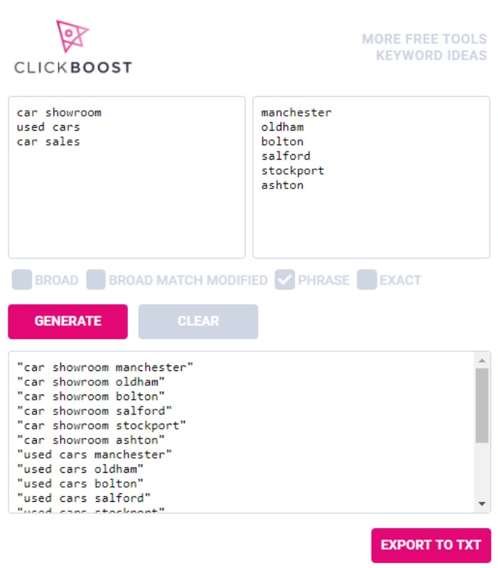 clickboost keyword tool