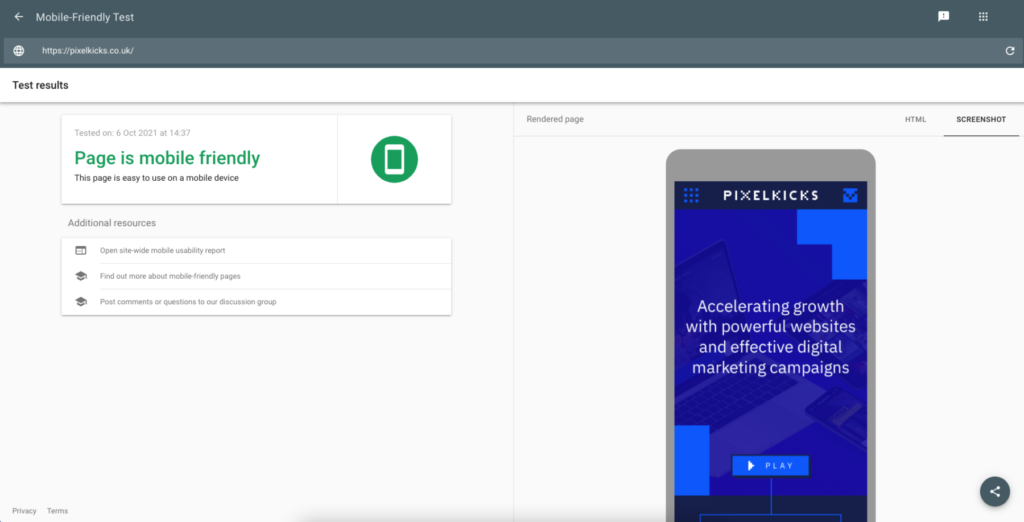 Google mobile friendly test tool