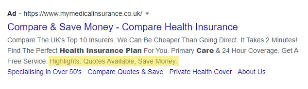 Example of a structured snippet extension on a Google search ad