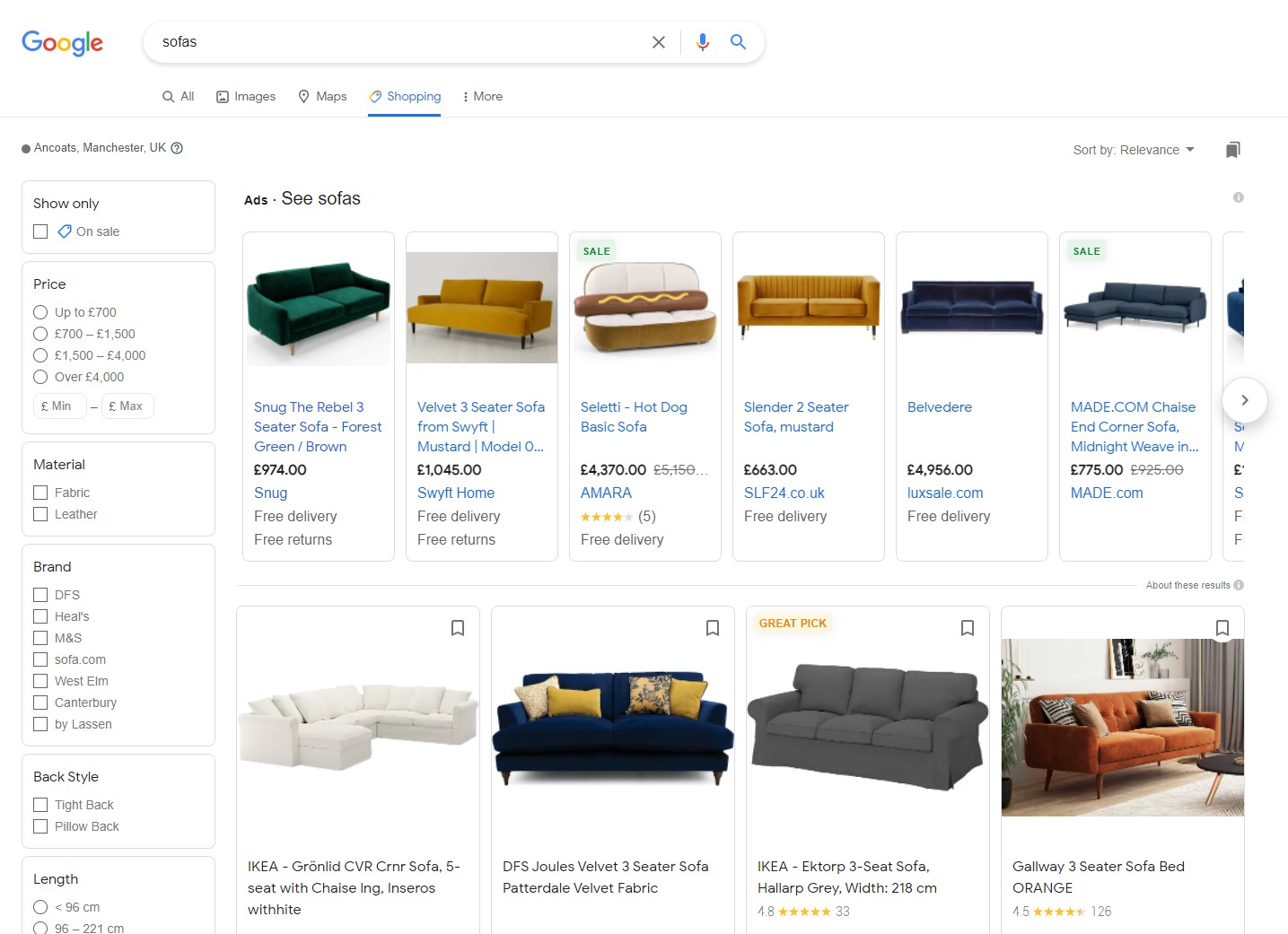 Example of advertising on the Google Shopping tab