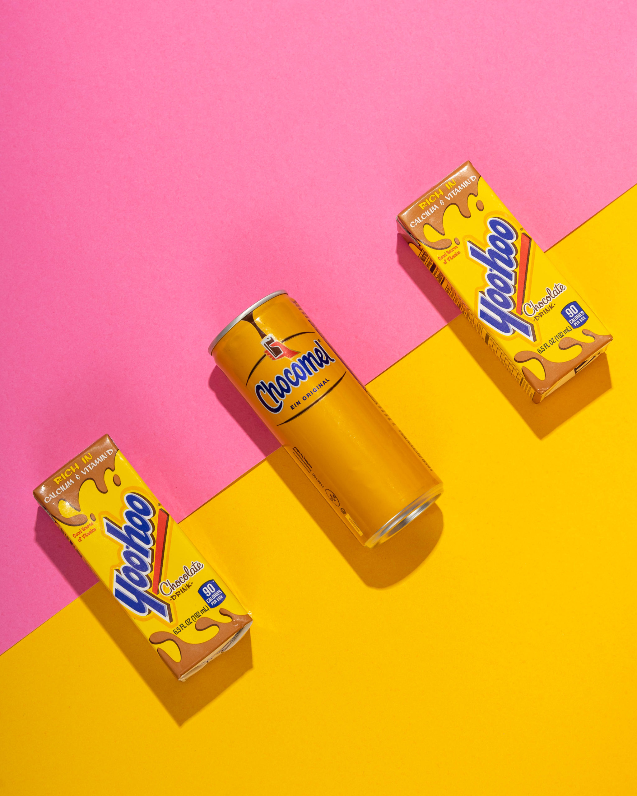 chocomel on a pink and yellow background photography